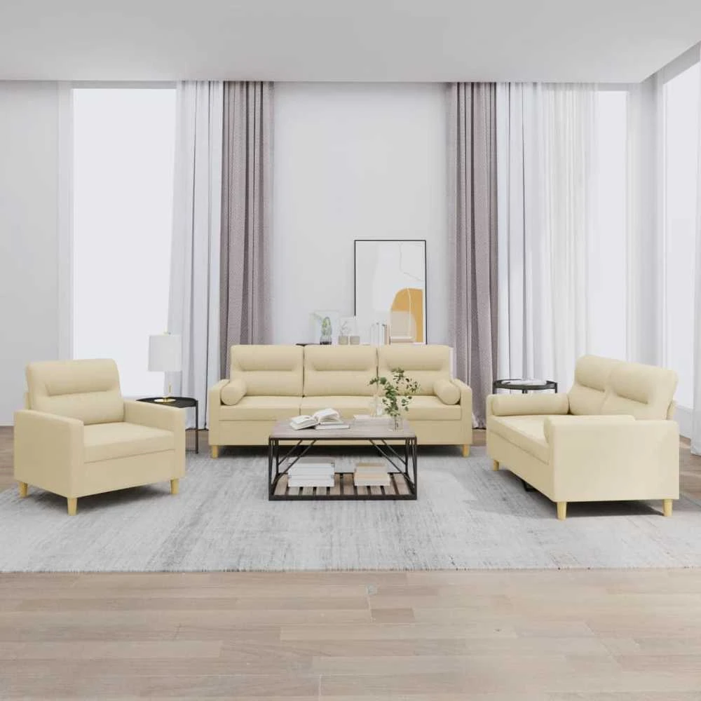 Sofa Sofos komplektas su pagalvėmis, 3 dalių, kreminis, audinys