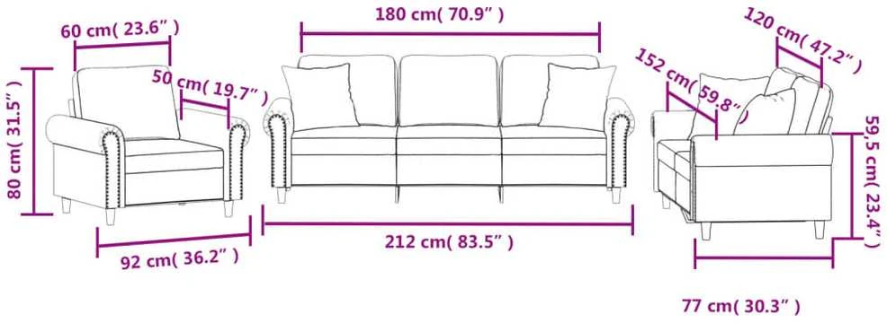 Sofa Sofos komplektas su pagalvėmis, 3 dalių, vyno, aksomas