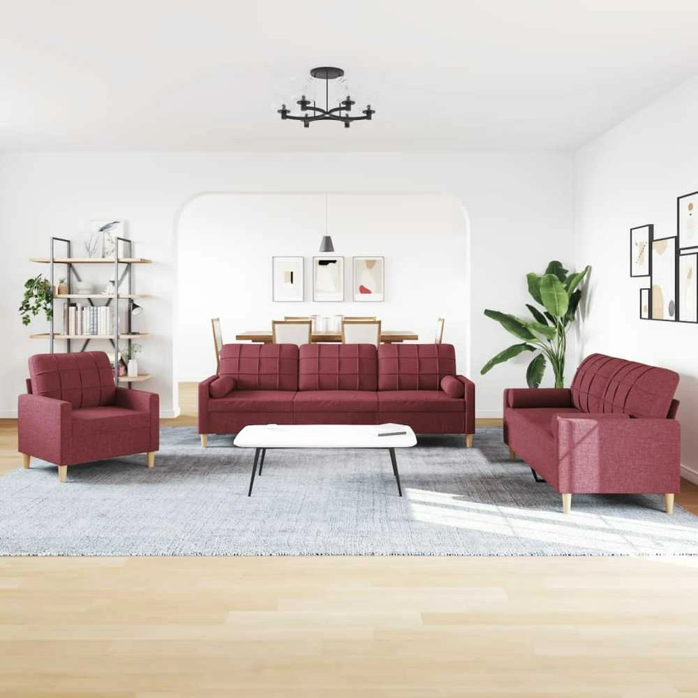 Sofa Sofos komplektas su pagalvėmis, 3 dalių, vyno, audinys