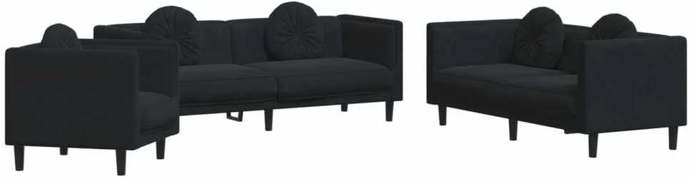 Sofa Sofos komplektas su pagalvėmis, 3 dalių, juodas, aksomas