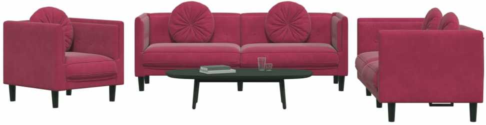 Sofa Sofos komplektas su pagalvėmis, 3 dalių, vyno, aksomas