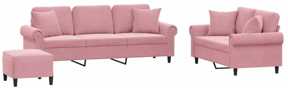Sofa Sofos komplektas su pagalvėmis, 3 dalių, rožinis, aksomas