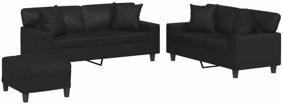 Sofa Sofos komplektas su pagalvėmis, 3 dalių, juodas, dirbtinė oda