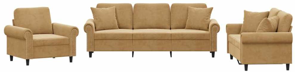 Sofa Sofos komplektas su pagalvėmis, 3 dalių, rudas, aksomas