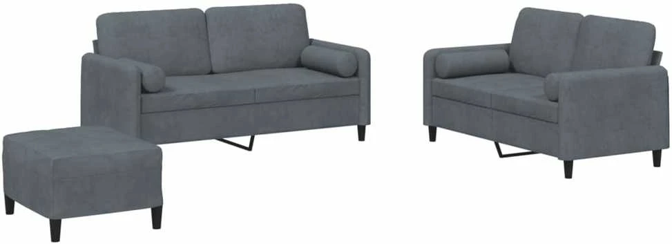 Sofa Sofos komplektas su pagalvėmis, 3 dalių, pilkas, aksomas