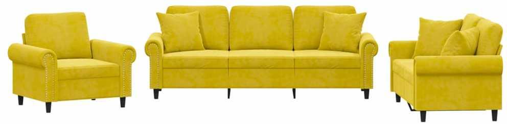 Sofa Sofos komplektas su pagalvėmis, 3 dalių, geltonas, aksomas