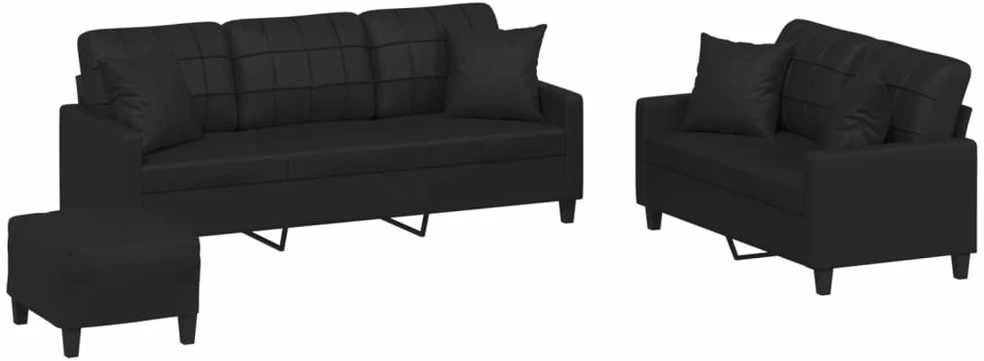Sofa Sofos komplektas su pagalvėmis, 3 dalių, juodas, dirbtinė oda