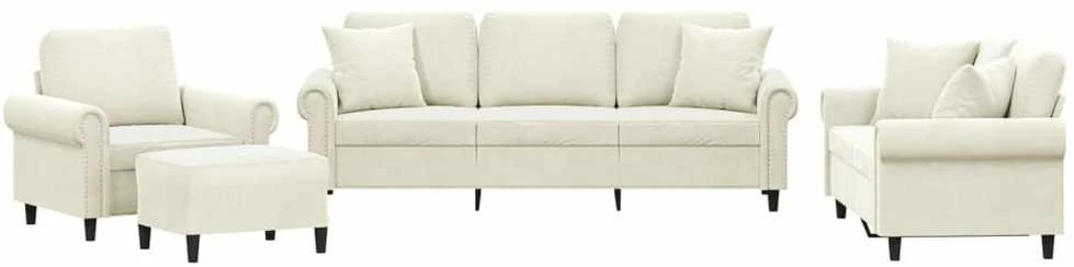 Sofa Sofos komplektas su pagalvėmis, 4 dalių, kreminis, aksomas
