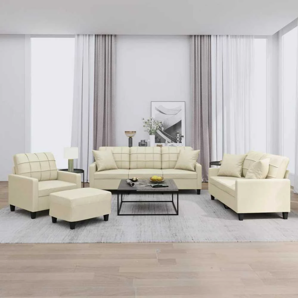 Sofa Sofos komplektas su pagalvėmis, 4 dalių, kreminis, dirbtinė oda
