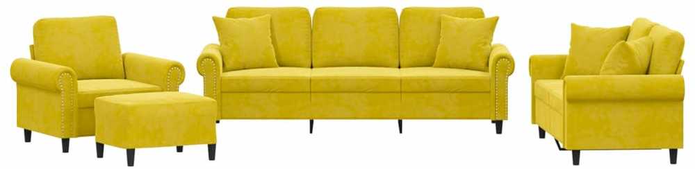 Sofa Sofos komplektas su pagalvėmis, 4 dalių, geltonas, aksomas