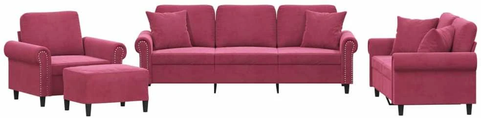 Sofa Sofos komplektas su pagalvėmis, 4 dalių, vyno, aksomas
