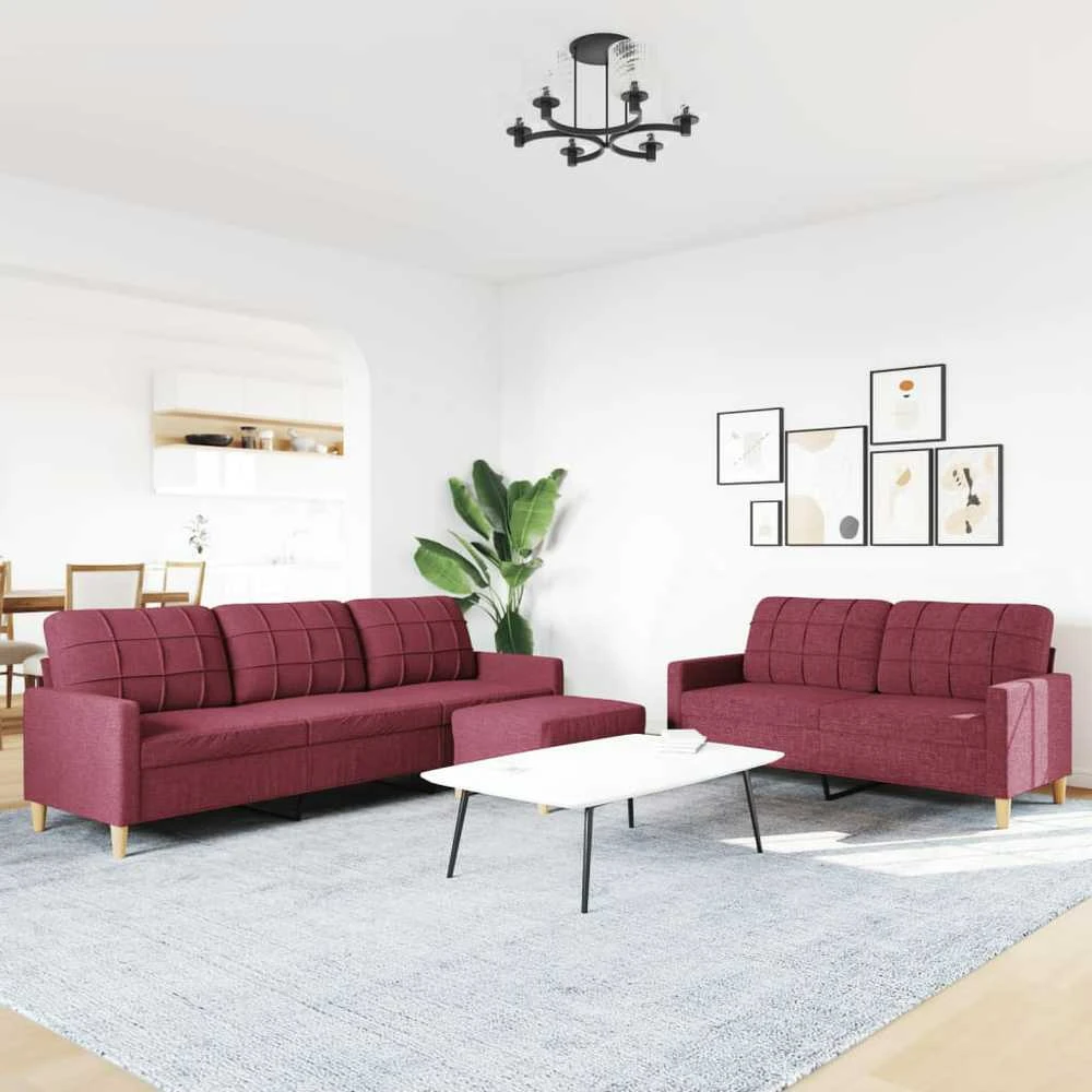 Sofa Sofos komplektas su pakoja, 3 dalių, vyno, audinys