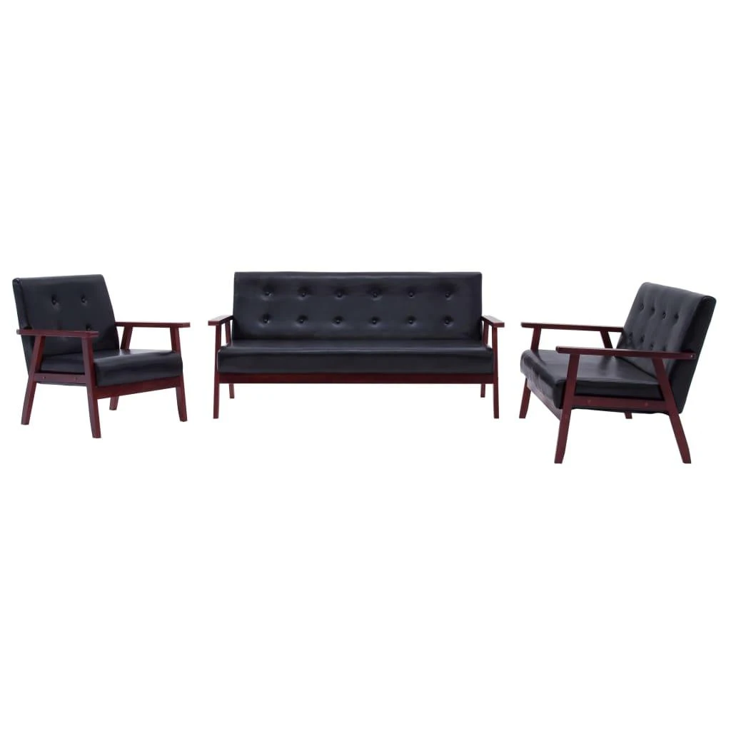 Sofa Sofos komplektas, 3 dalių, juodos spalvos, dirbtinė oda