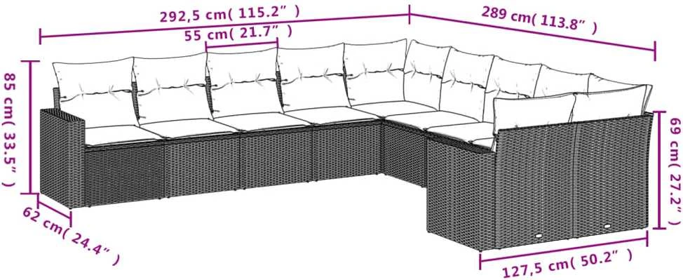 Sofa Sofos komplektas su pagalvėlėmis, 10 dalių, smėlio, poliratanas