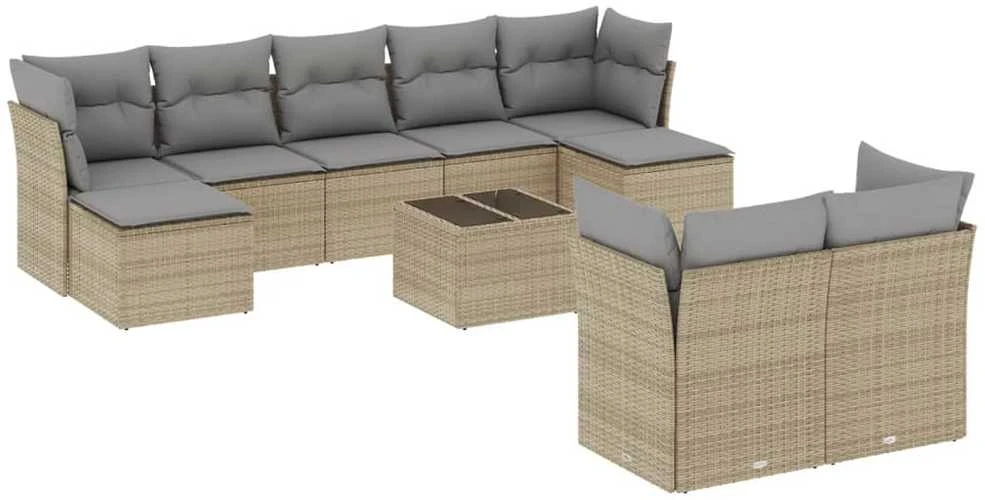 Sofa Sofos komplektas su pagalvėlėmis, 10 dalių, smėlio, poliratanas