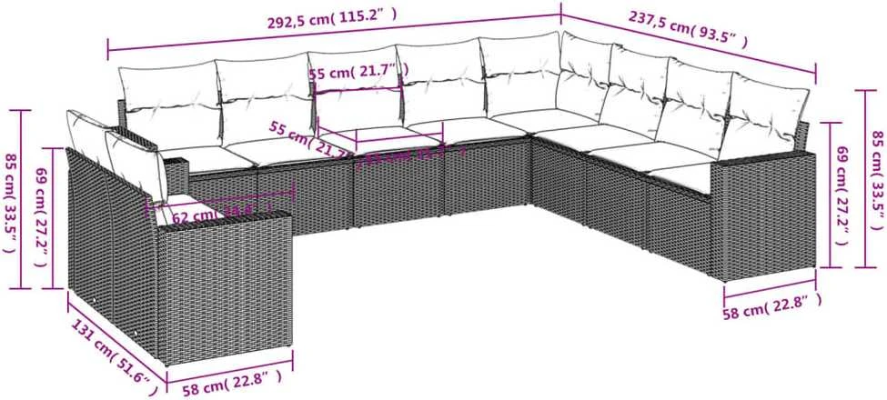 Sofa Sofos komplektas su pagalvėlėmis, 10 dalių, smėlio, poliratanas