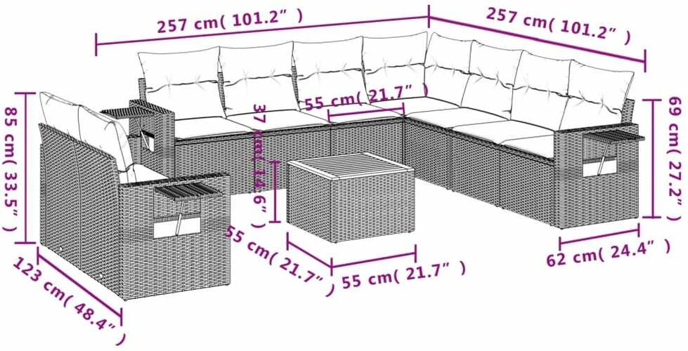 Sofa Sofos komplektas su pagalvėlėmis, 10 dalių, smėlio, poliratanas