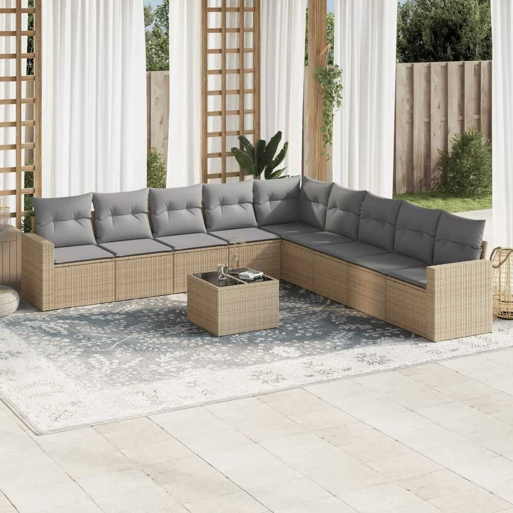 Sofa Sofos komplektas su pagalvėlėmis, 10 dalių, smėlio, poliratanas