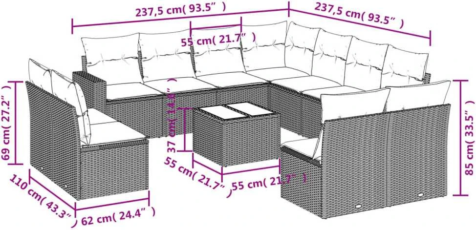 Sofos komplektas su pagalvėlėmis, 12 dalių, juodas, poliratanas