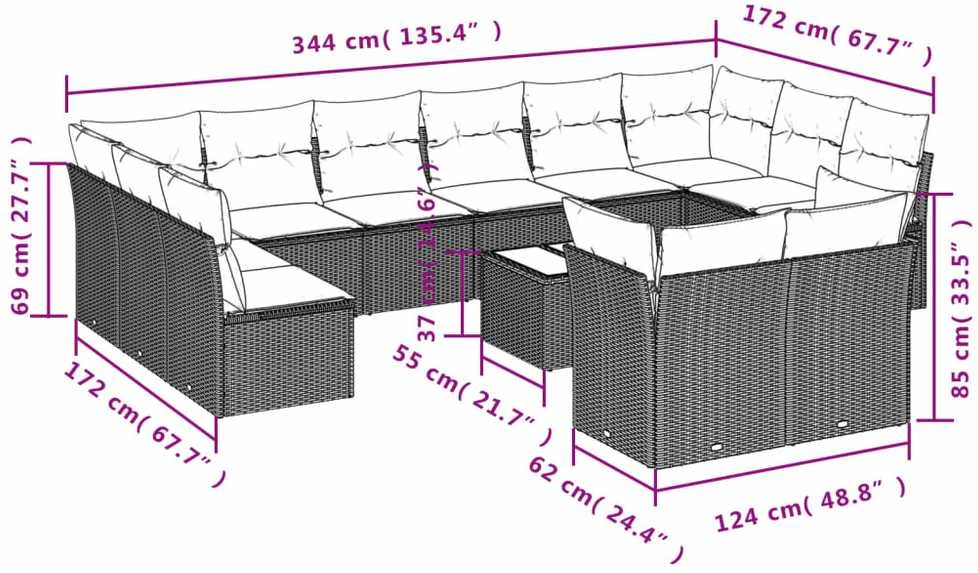 Sofa Sofos komplektas su pagalvėlėmis, 13 dalių, smėlio, poliratanas