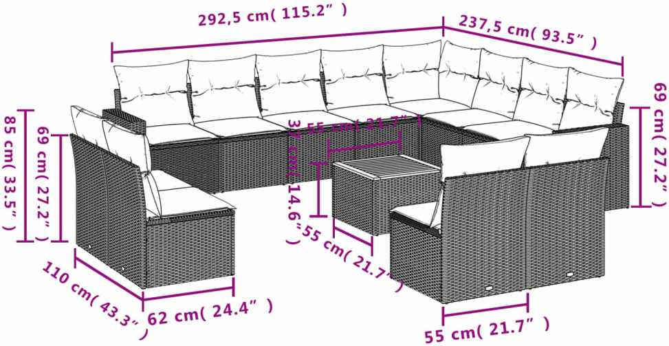 Sofa Sofos komplektas su pagalvėlėmis, 13 dalių, smėlio, poliratanas