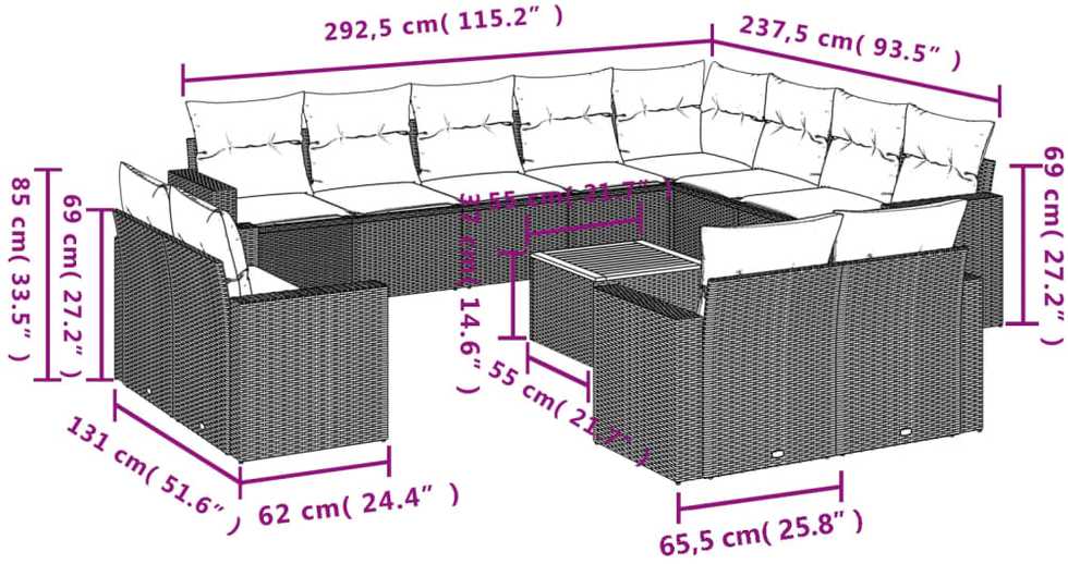 Sofos komplektas su pagalvėlėmis, 13 dalių, smėlio, poliratanas
