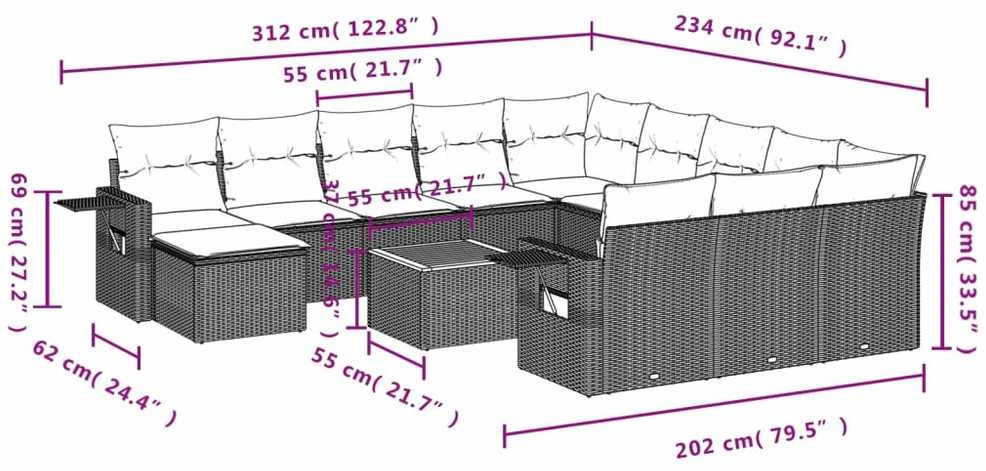 Sofa Sofos komplektas su pagalvėlėmis, 13 dalių, smėlio, poliratanas