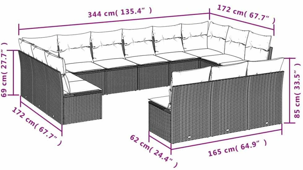Lauko baldų komplektas Sofos komplektas su pagalvėlėmis, 13 dalių, juodas, poliratanas