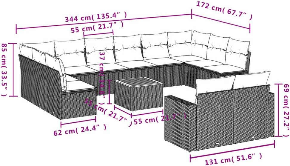 Sofa Sofos komplektas su pagalvėlėmis, 13 dalių, smėlio, poliratanas