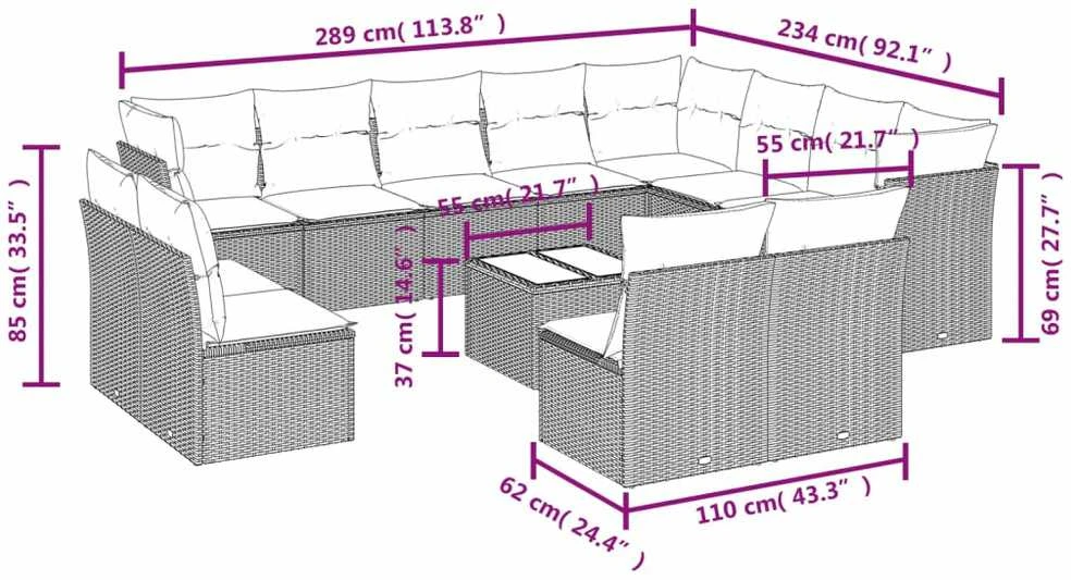 Sofa Sofos komplektas su pagalvėlėmis, 13 dalių, smėlio, poliratanas