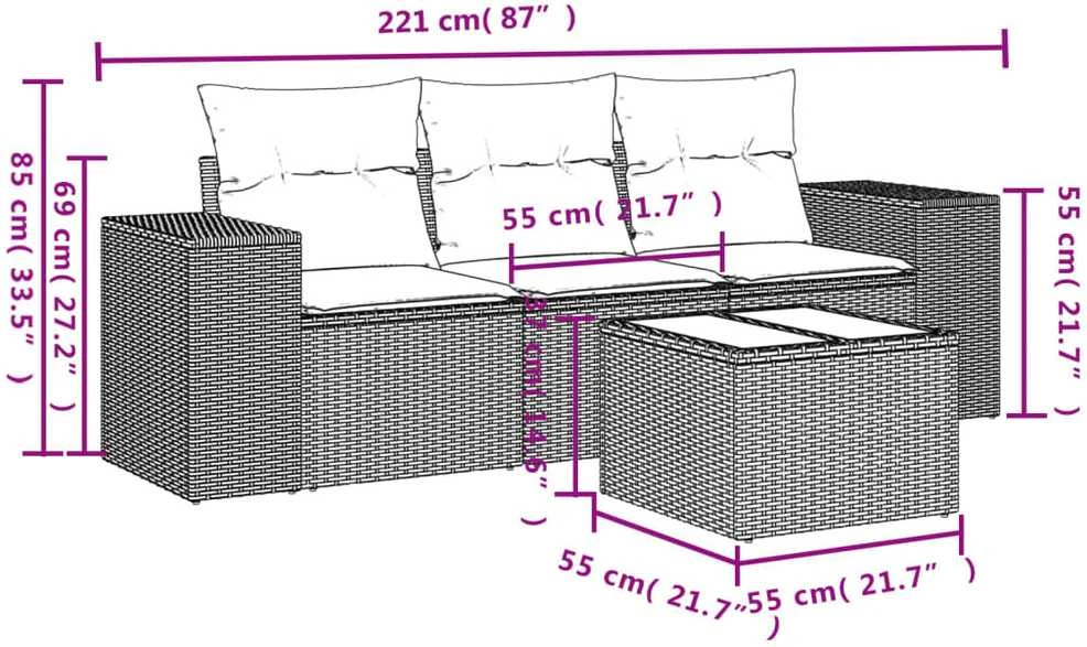 Sofa Sofos komplektas su pagalvėlėmis, 4 dalių, rudas, poliratanas