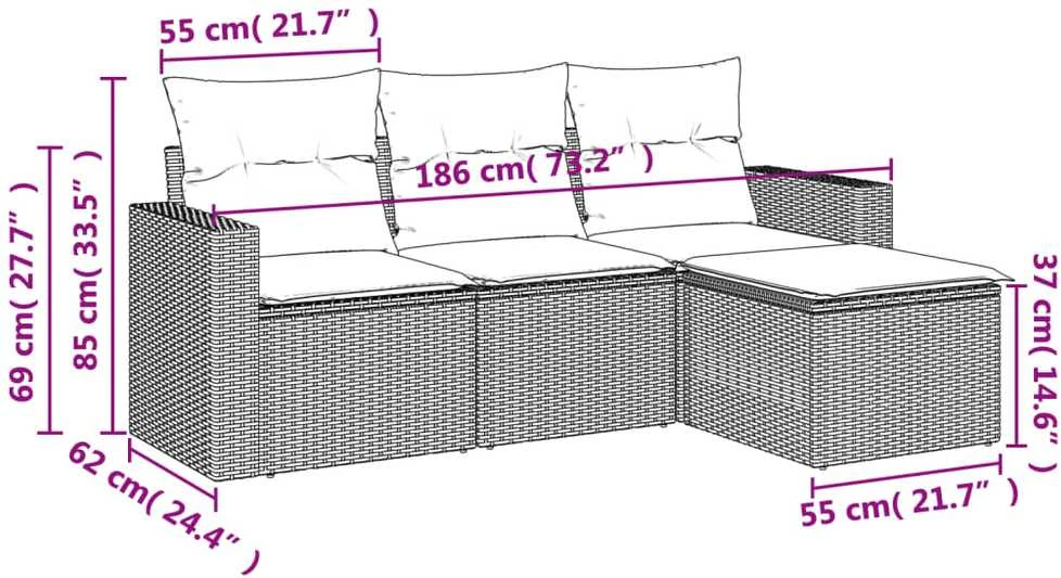 Sofa Sofos komplektas su pagalvėlėmis, 4 dalių, pilkas, poliratanas
