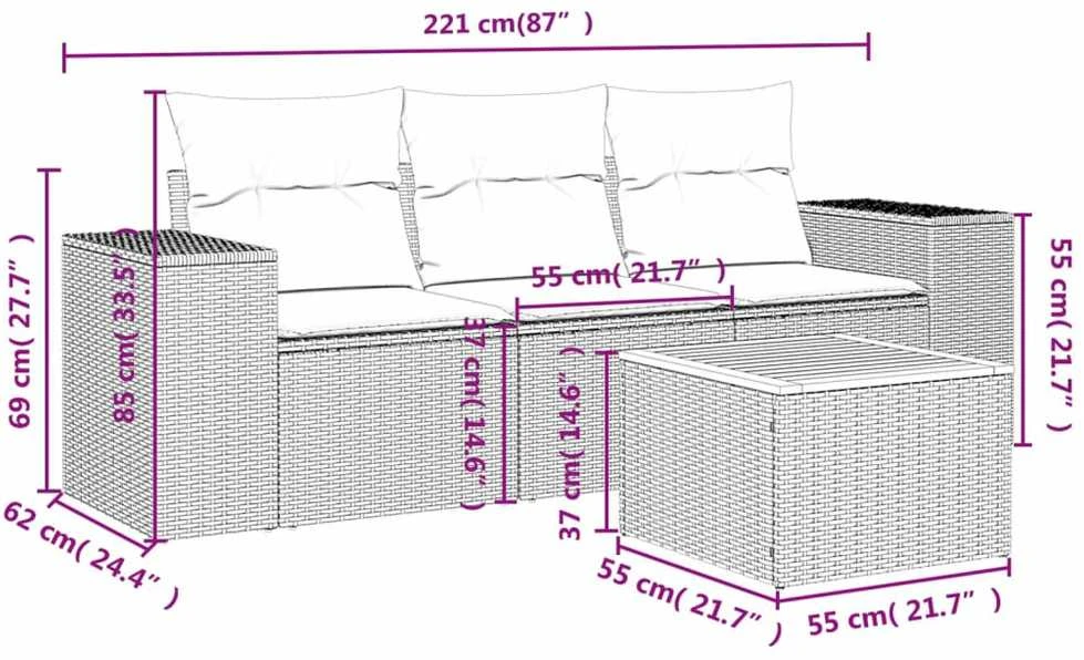 Lauko baldų komplektas Sofos komplektas su pagalvėlėmis, 4 dalių, smėlio, poliratanas