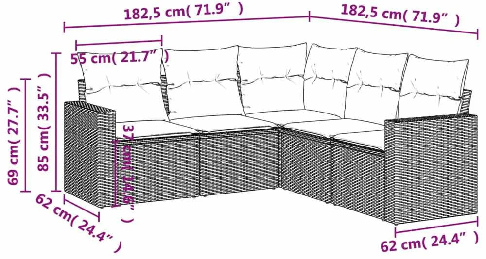 Sofos komplektas su pagalvėlėmis, 5 dalių, pilkas, poliratanas