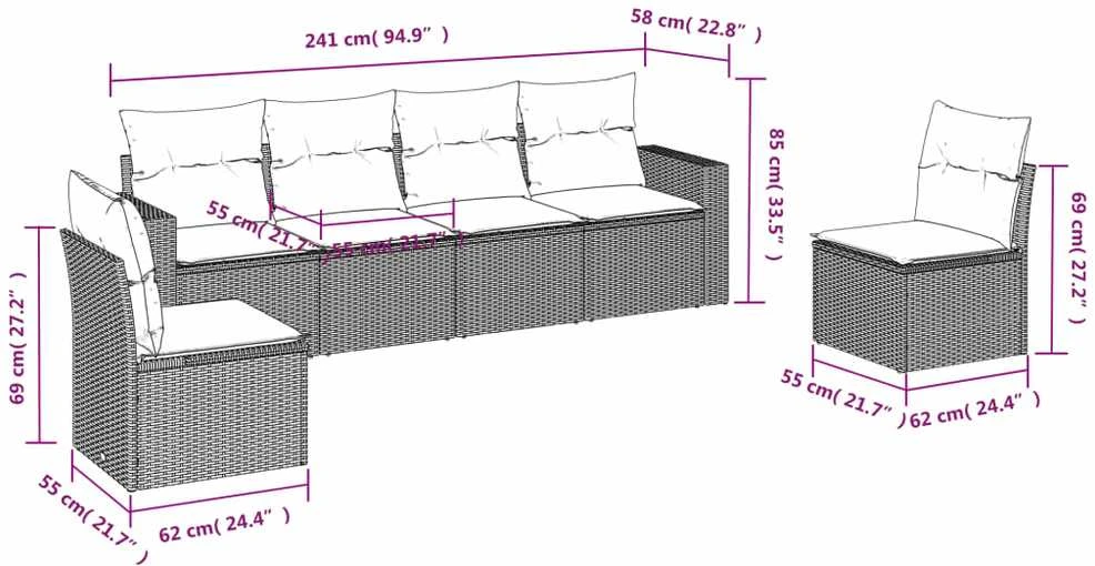 Sofos komplektas su pagalvėlėmis, 6 dalių, rudas, poliratanas