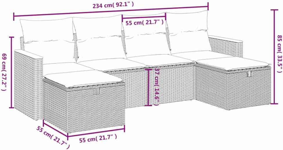 Lauko baldų komplektas Sofos komplektas su pagalvėlėmis, 6 dalių, pilkas, poliratanas