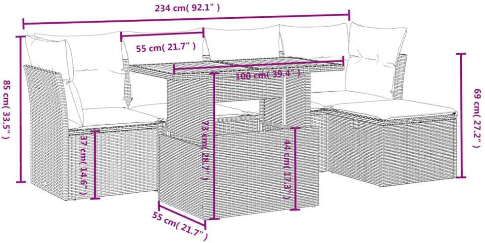 Lauko baldų komplektas Sofos komplektas su pagalvėlėmis, 6 dalių, juodas, poliratanas