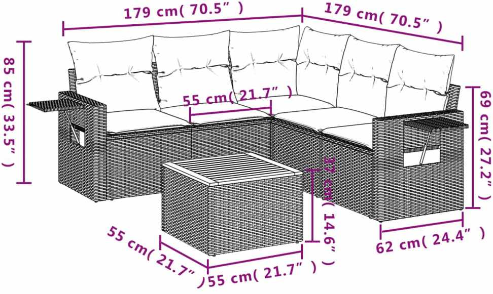Sofa Sofos komplektas su pagalvėlėmis, 6 dalių, smėlio, poliratanas