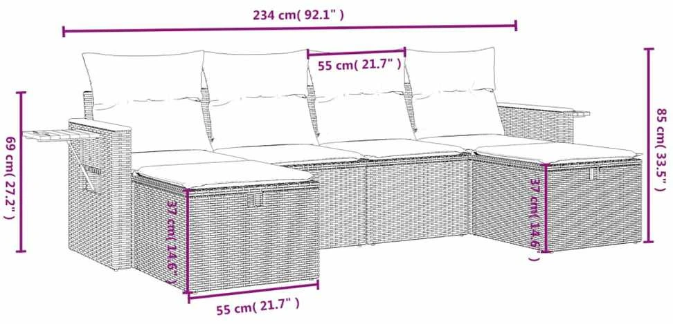 Lauko baldų komplektas Sofos komplektas su pagalvėlėmis, 6 dalių, pilkas, poliratanas