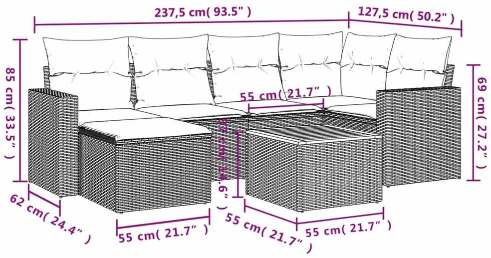 Sofos komplektas su pagalvėlėmis, 7 dalių, juodas, poliratanas