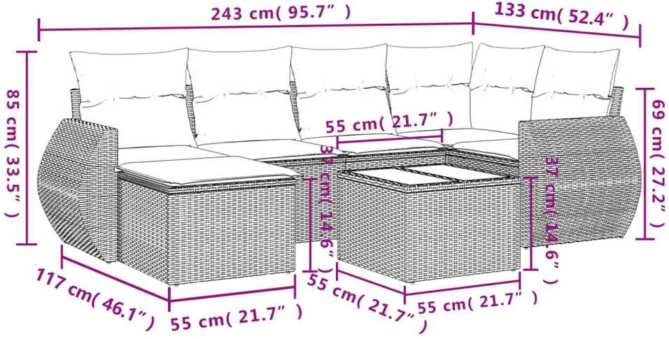 Sofos komplektas su pagalvėlėmis, 7 dalių, juodas, poliratanas
