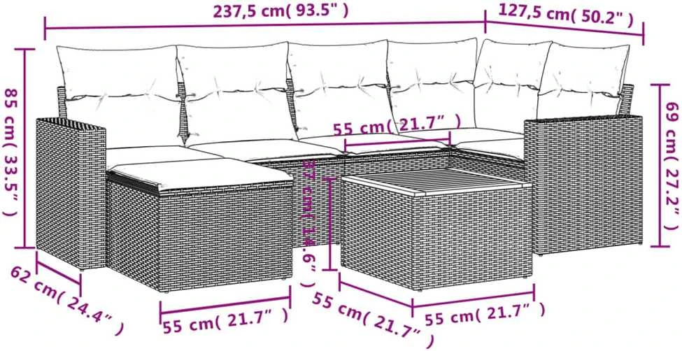 Sofos komplektas su pagalvėlėmis, 7 dalių, juodas, poliratanas