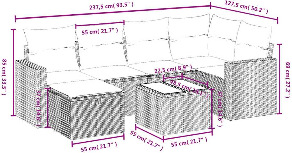 Sofa Sofos komplektas su pagalvėlėmis, 7 dalių, smėlio, poliratanas