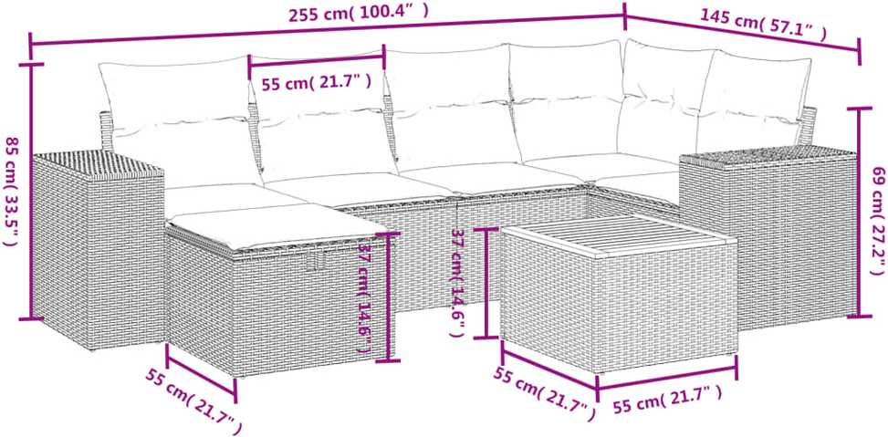 Sofa Sofos komplektas su pagalvėlėmis, 7 dalių, smėlio, poliratanas