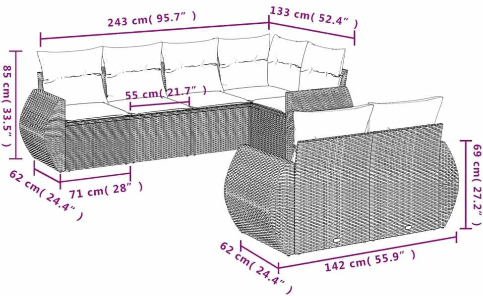 Sofos komplektas su pagalvėlėmis, 7 dalių, smėlio, poliratanas