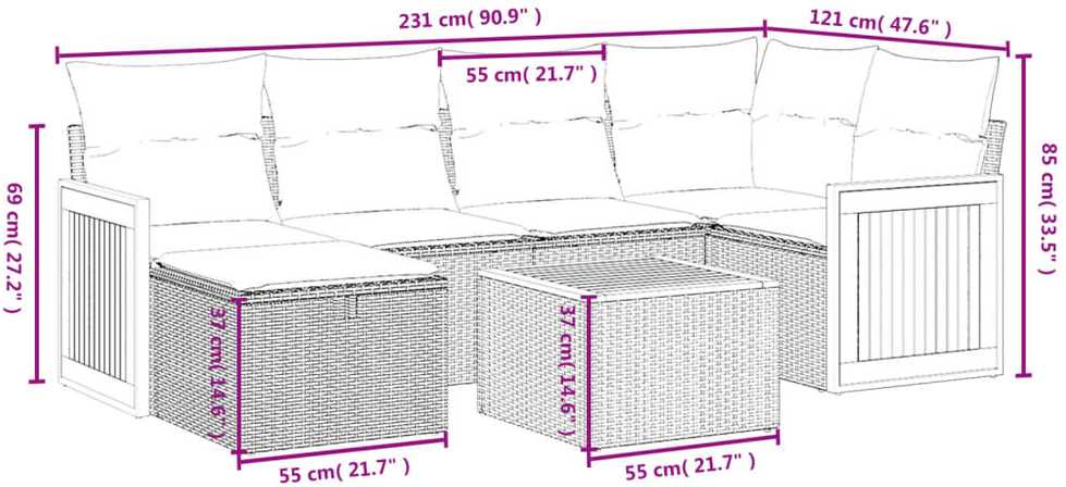 Lauko baldų komplektas Sofos komplektas su pagalvėlėmis, 7 dalių, smėlio, poliratanas