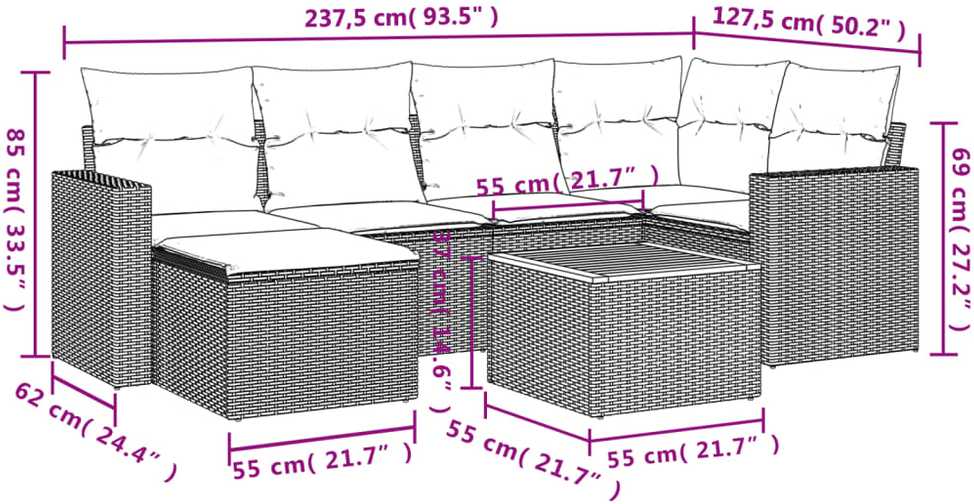 Sofa Sofos komplektas su pagalvėlėmis, 7 dalių, smėlio, poliratanas