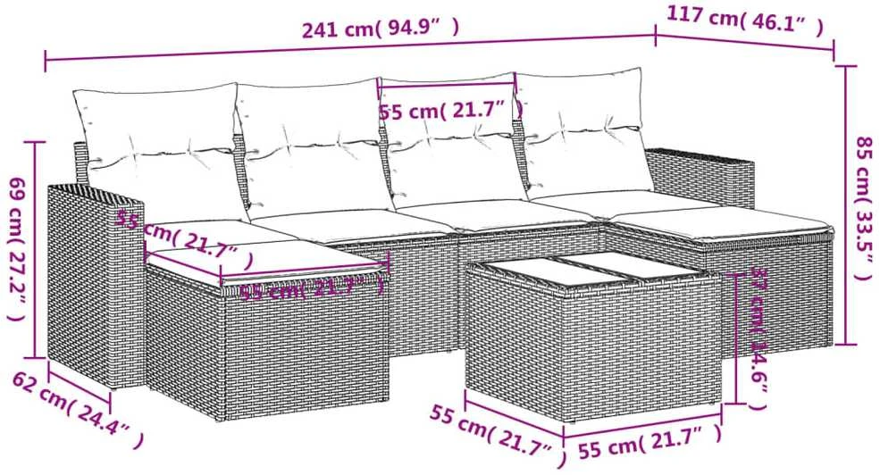 Sofos komplektas su pagalvėlėmis, 7 dalių, smėlio, poliratanas