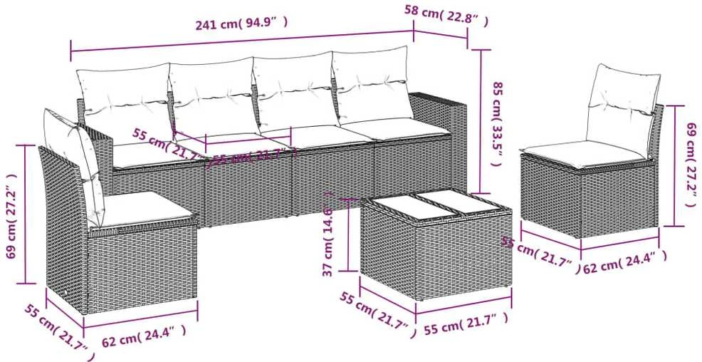 Sofa Sofos komplektas su pagalvėlėmis, 7 dalių, pilkas, poliratanas