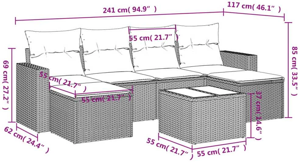 Sofos komplektas su pagalvėlėmis, 7 dalių, pilkas, poliratanas